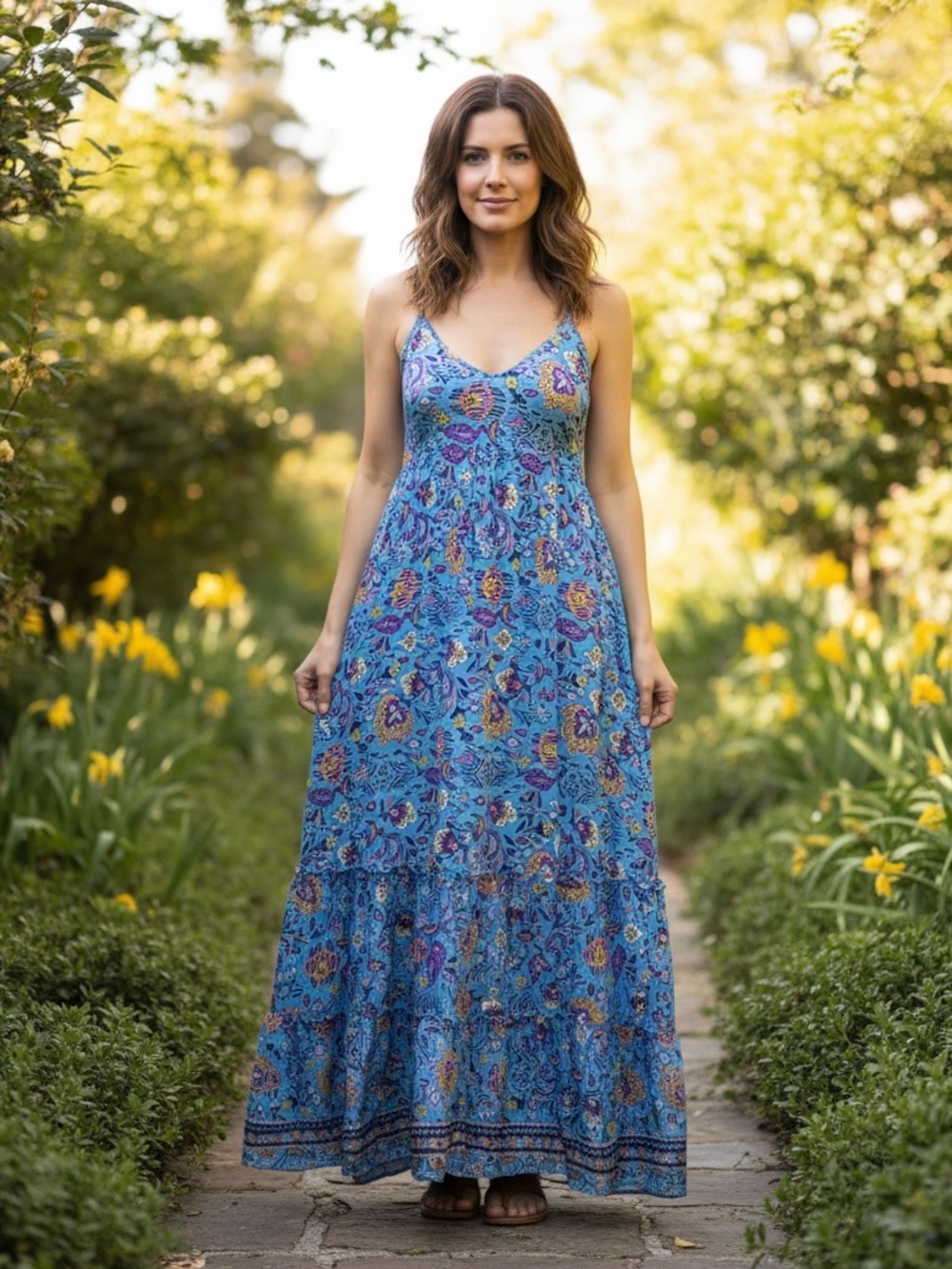 White Waves Blue Paisley Boho Maxi Dress